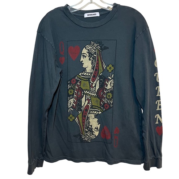 Daydreamer Tops - Daydreamer T-Shirt Queen of Hearts Long Sleeve Tee Shirt Charcoal Gray Small